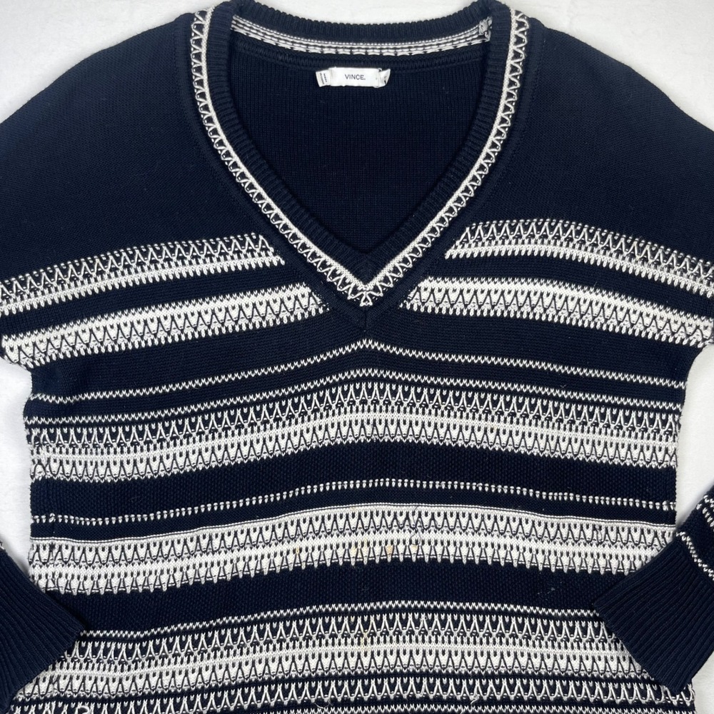 Vince V Neck Sweater XS Black White‎ Pattern Knit Cotton Pullover Top